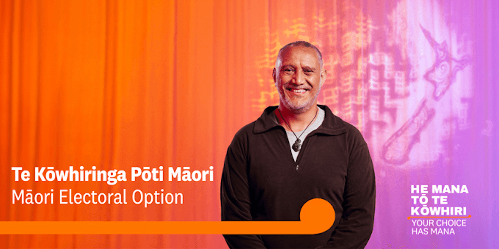 A banner for the Māori Electoral Option featuring a smiling man with a pounamu necklace over an elections orange background.