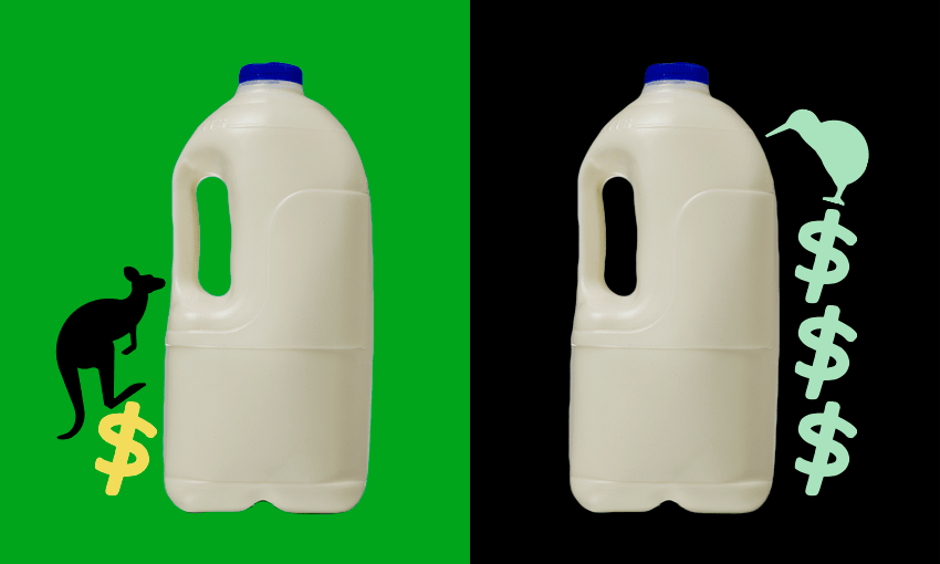 a milk bottle against Austrailan colours with a kangaroo and a single dollar sign, and a milk bottle against NZ colours with a kiwi and three dollar signs