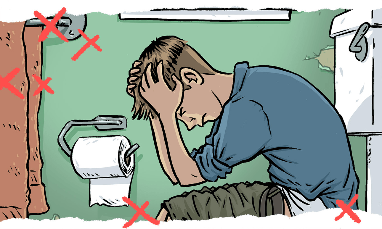 an illustration of a boy sitting on a toilet, head in hands