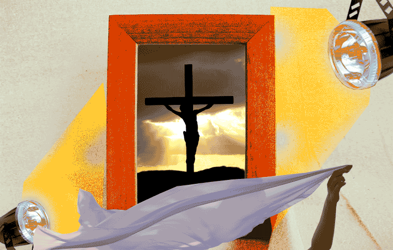 A gif. A picture of a figure on a cross surrounded by spotlights as an arm waves a flowing sheet in front of it.