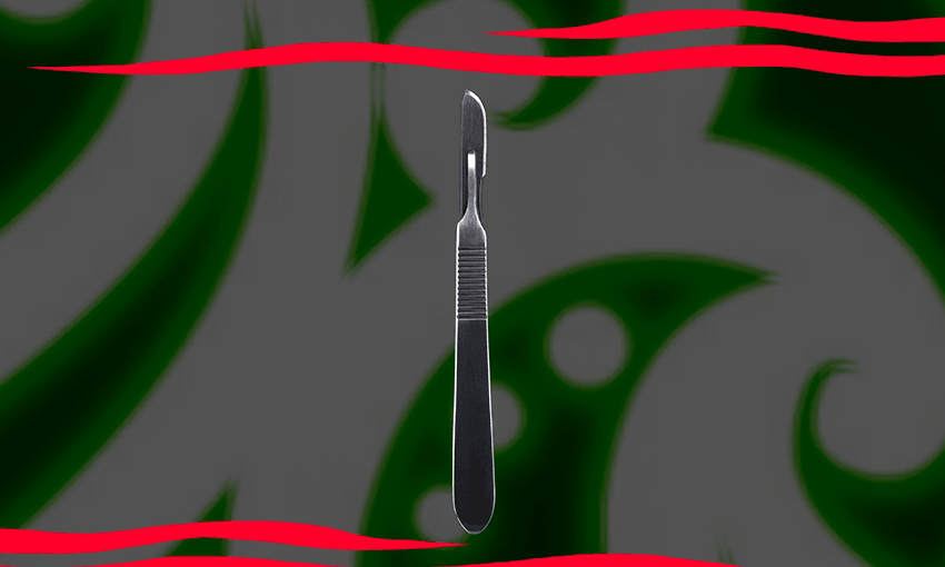 a scalpel against a koru pattern