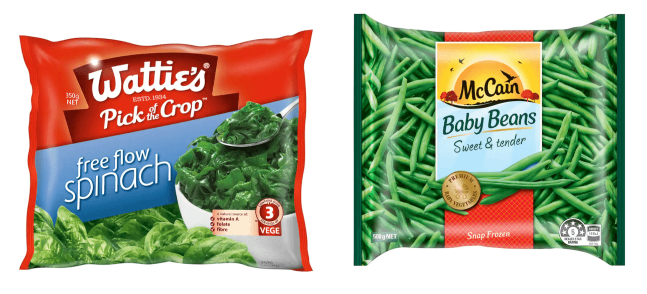 A bag of frozen Wattie's free flow spinach and a bag of frozen McCain baby beans