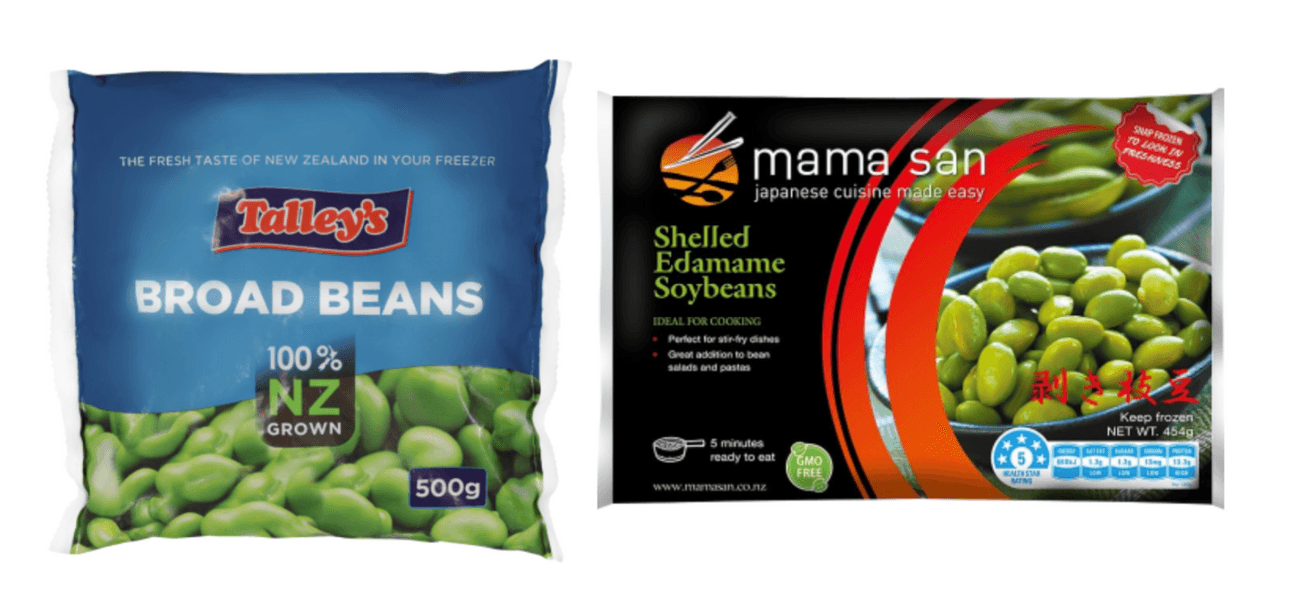 A bag of frozen Talley's broad beans and a bag of frozen Mama San shelled edamame