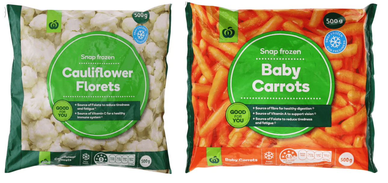 A bag of frozen cauliflower florets and a bag of frozen baby carrots