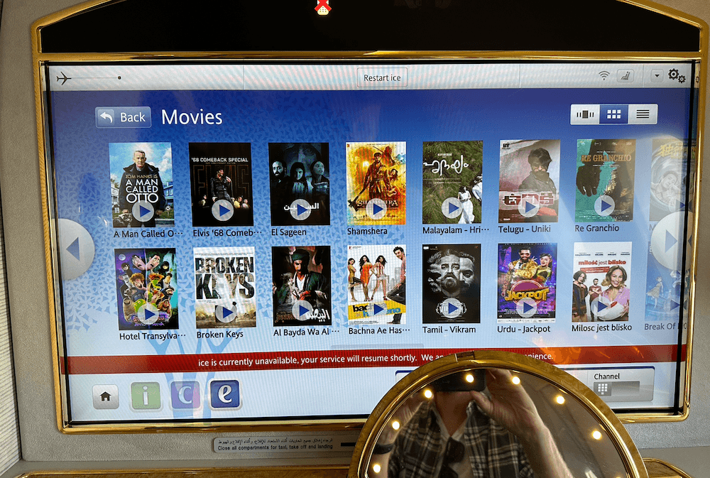The movie selections available on an A380.