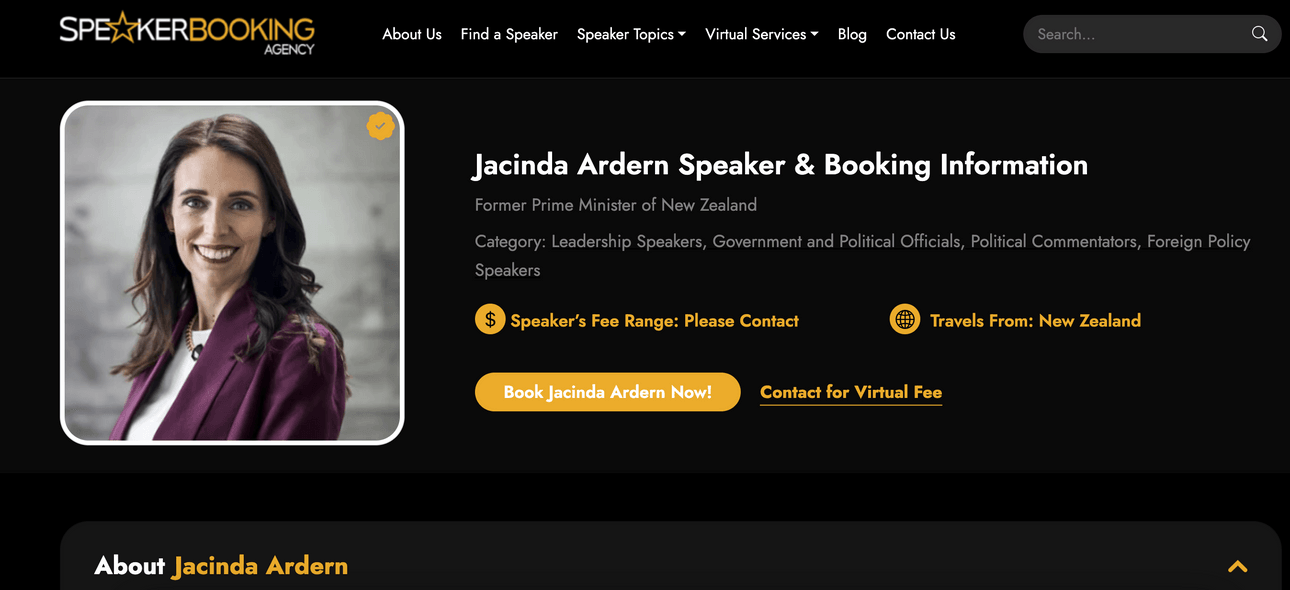 Listing on Speaker Booking Agency for Jacinda Ardern