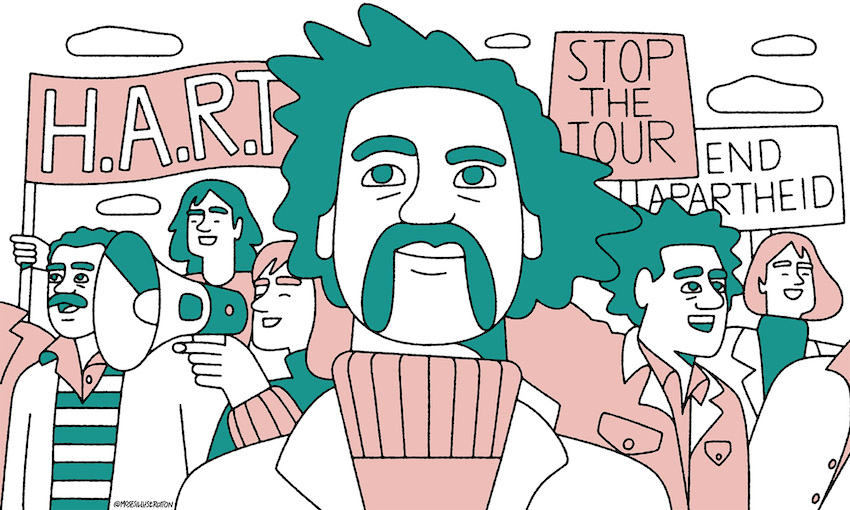 An illustration of a man with a handlebar moustache and wearing a turtleneck. Behind him are people holding signs to stop the tour, dressed in coats and beanies. The illustration is in pink and green and white with black lines