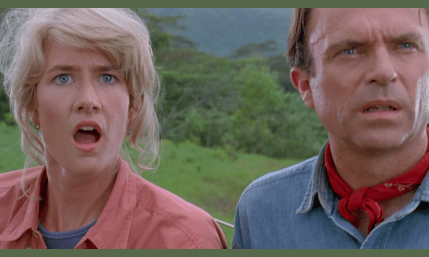 A still from the move Jurassic Park: Laura Dern and Sam Neill (actors).