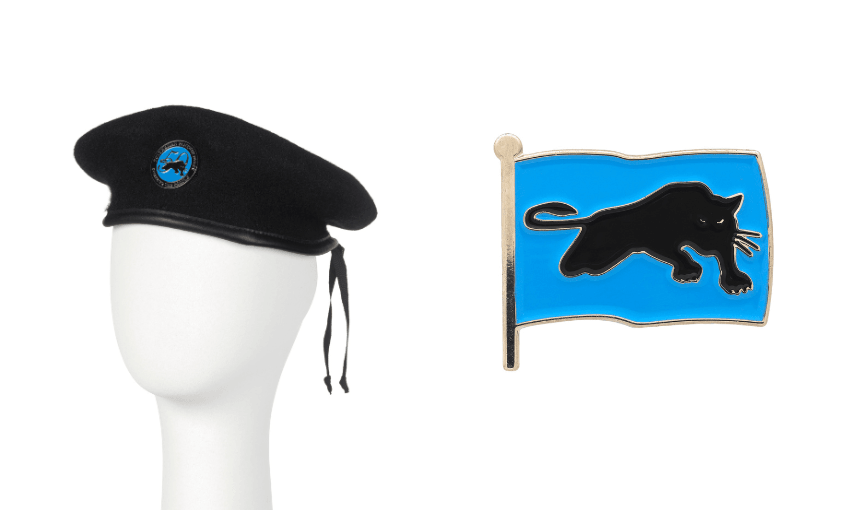 A photograph of a beret with the polynesian panthers badge pinned to it; and a photograph of the badge beside it.