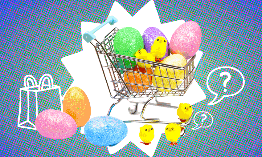 Easter chicks sitting in a shopping basket with eggs.