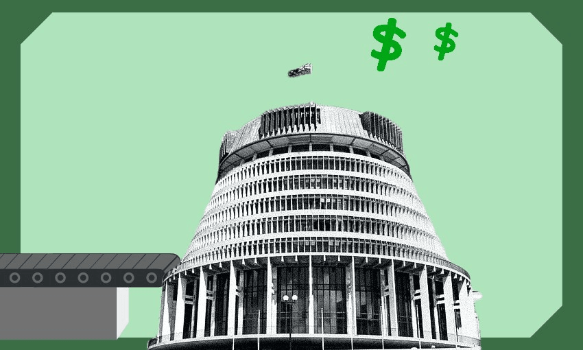 An image of a conveyor belt heading into the beehive with dollar signs