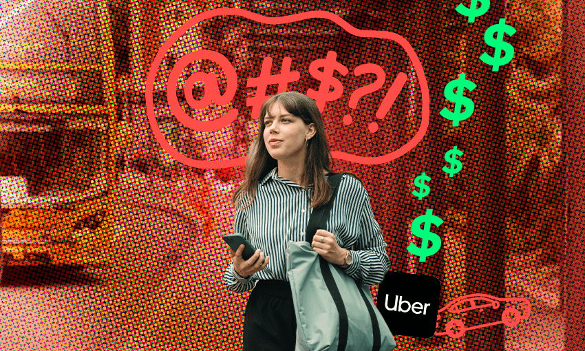 a woman with a phone in her hand and lots of dollar signs and !@$#?! to indicate swearing, looking frustrated with a red background