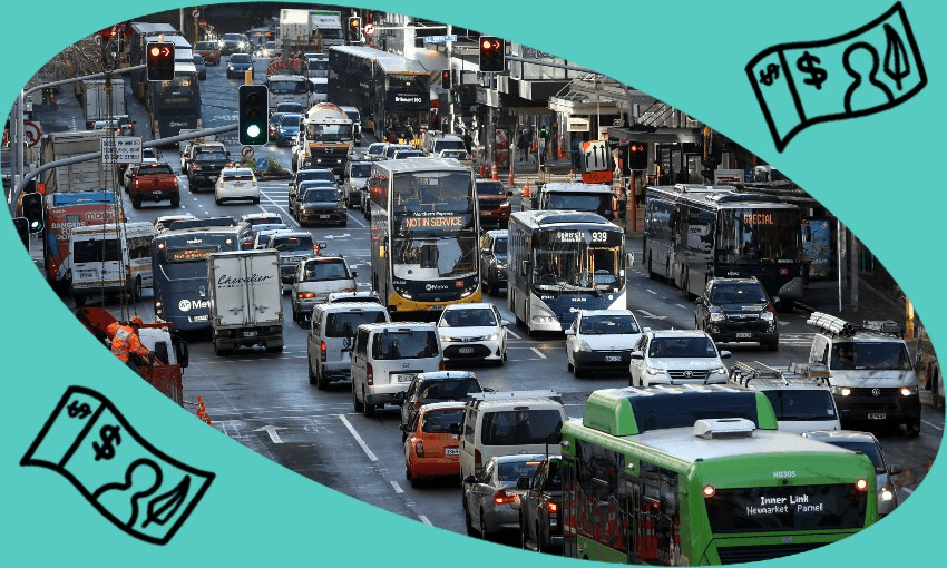 traffic queued up on Queen St, against a green background with money floating around