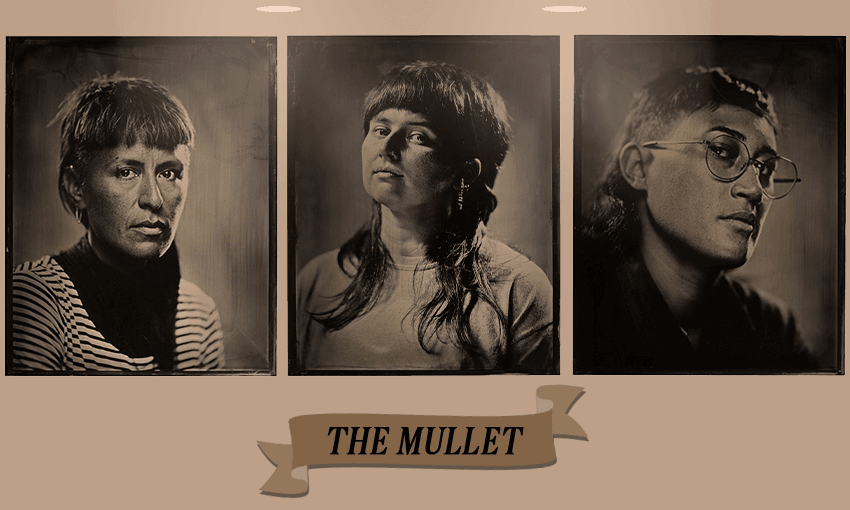 Three tintype portraits of people with mullets with a sign saying 'the mullet' underneath as if at a museum
