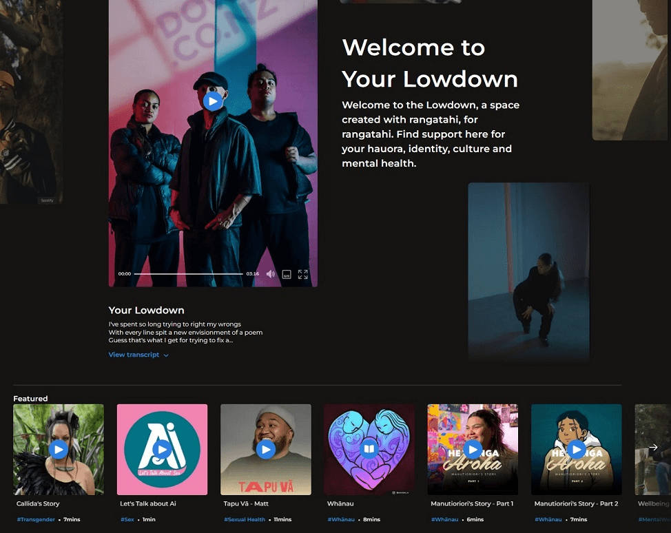 the lowdown website screenshot - lots of videos to play in different topics and a vertical video in the fron of three young people in moody blue and white lighting. 