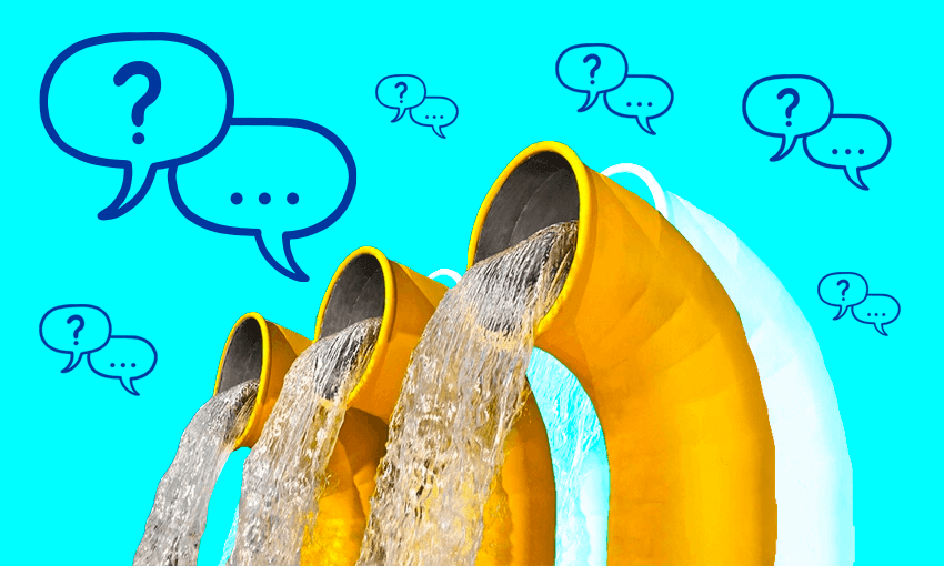 three yellow pipes with water coming out of them, on a blue background with speech bubbles containing question marks and ellipses