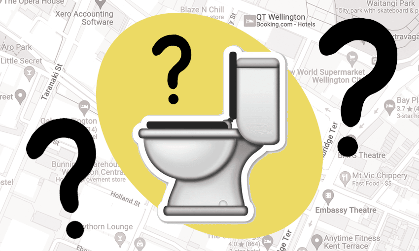 A large toilet emoji hovers over a map of Wellington's CBD, surrounded by question marks