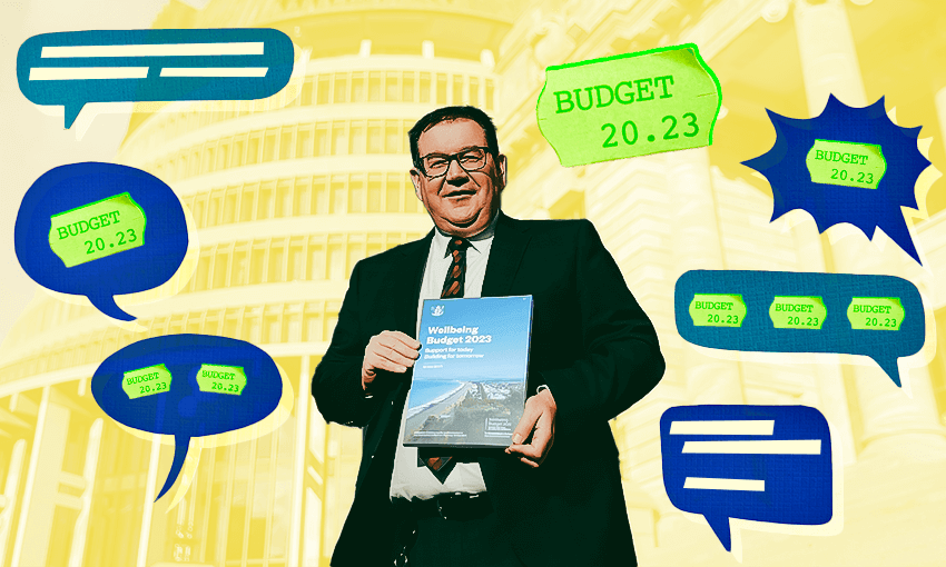 Grant Robertson in front of the Beehive holding the 2023 budget. Speech bubbles overlaid.