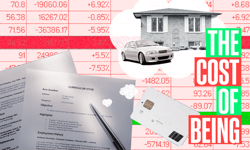 A CV, an eftpos card and a thought bubble showing a house and car, with the words THE COST OF BEING