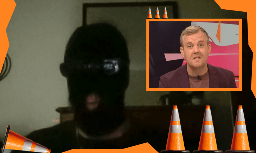 Breakfast’s Matty McLean interviews a road cone thief. (Photos: TVNZ / Design: Tina Tiller) 
