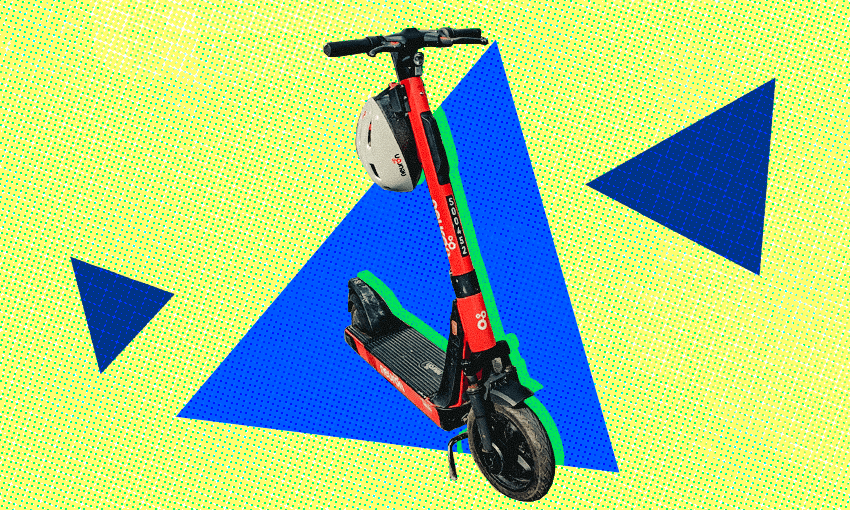 a funky geometric blue and yellow background with an orange escooter outlined in green in the centre