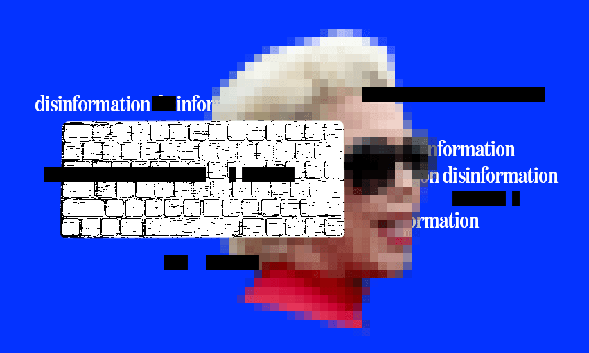 Posie Parker's pixellated face against a blue background, with a distorted keyboard and the word "disinformation" overlaid