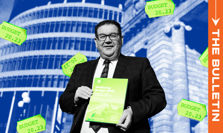 Grant Robertson and his 2023 budget (Photo supplied, additional design by Tina Tiller) 
