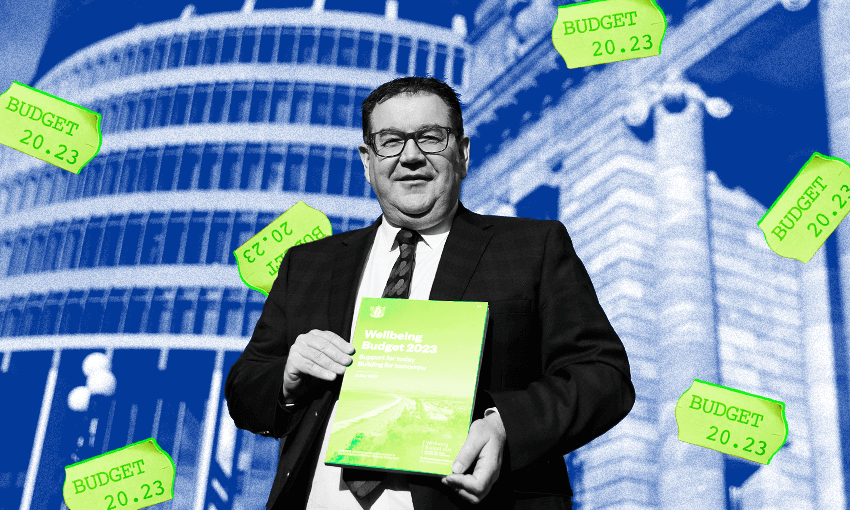 Grant Robertson standing in front of the Beehie holding the budget, "budget 2023" price tags have been superimposed over the photo
