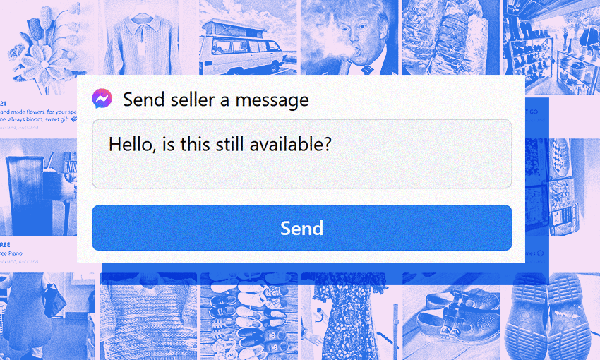 a purpletoned screenshot of facebook marketplace with a message saying "Hello, is this still available" on top