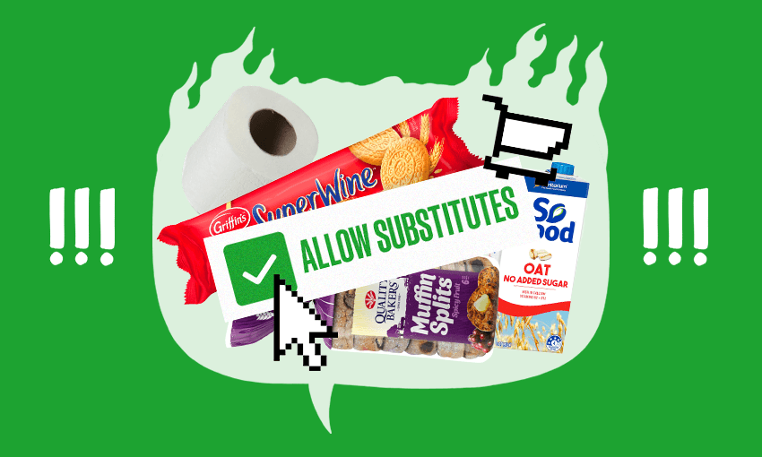 A flaming speech bubble is set against a green background. On each side are exclamation marks. Inside the speech bubble is toilet paper, super wine biscuits, oat milk, muffin splits and a check box ticked next to the words 'allow substitutions'