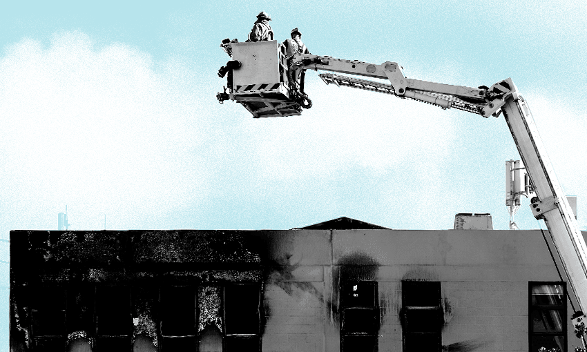 Firefighters inspect the Loafers Lodge hostel in Wellington. (Photo: MARTY MELVILLE/AFP via Getty Images, additional design: Archi Banal) 
