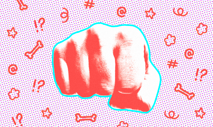 A fist surrounded by angry emojis