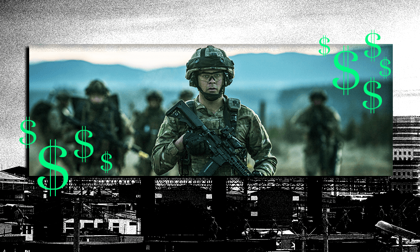 a billboard in color with a soldier and a gun and green dollar signs over a black and white city