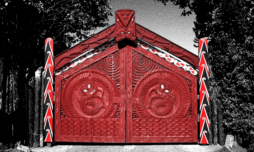 The famous red gates of Turangawaewae Marae (Image: Supplied/ Jeff Evans. Additional design: Archi Banal) 
