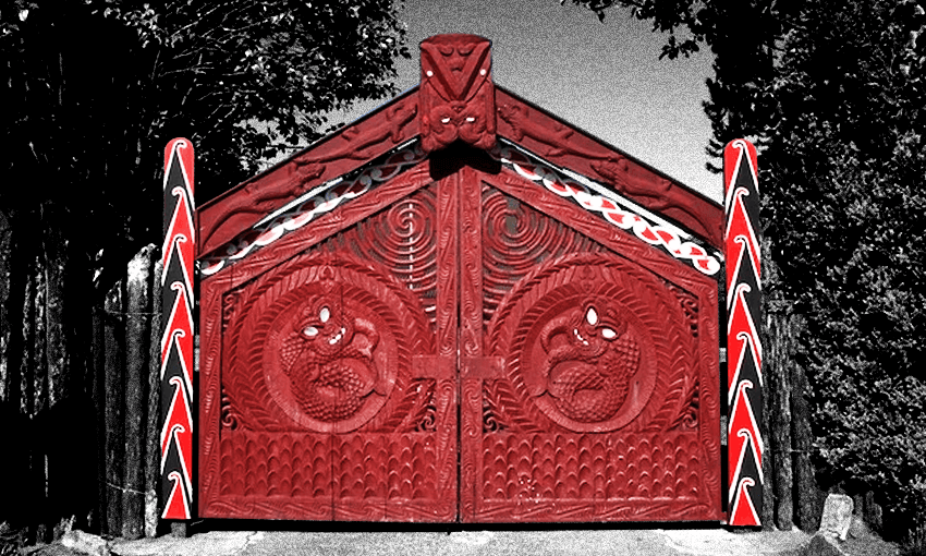 The famous red gates of Turangawaewae Marae (Image: Supplied/ Jeff Evans. Additional design: Archi Banal)