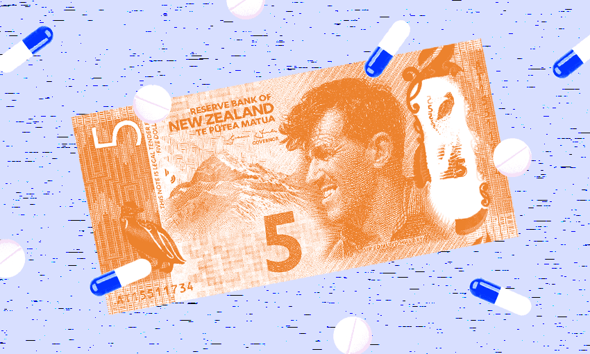 a $5 note on a blue background, with blue and white capsules dotted around