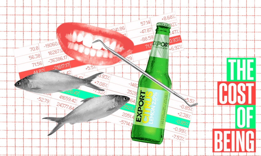 A dental exam, some fish and a bottle of Export Citrus beer with the words THE COST OF BEING