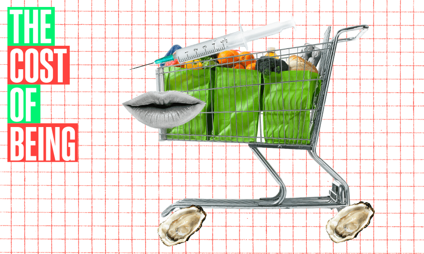 A trolley filled with groceries and a pair of human lips with a needle nearby to represent dermal fillers