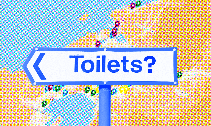 a map of public toilets around Wellington train stations with a "toilets?" sign overlaid