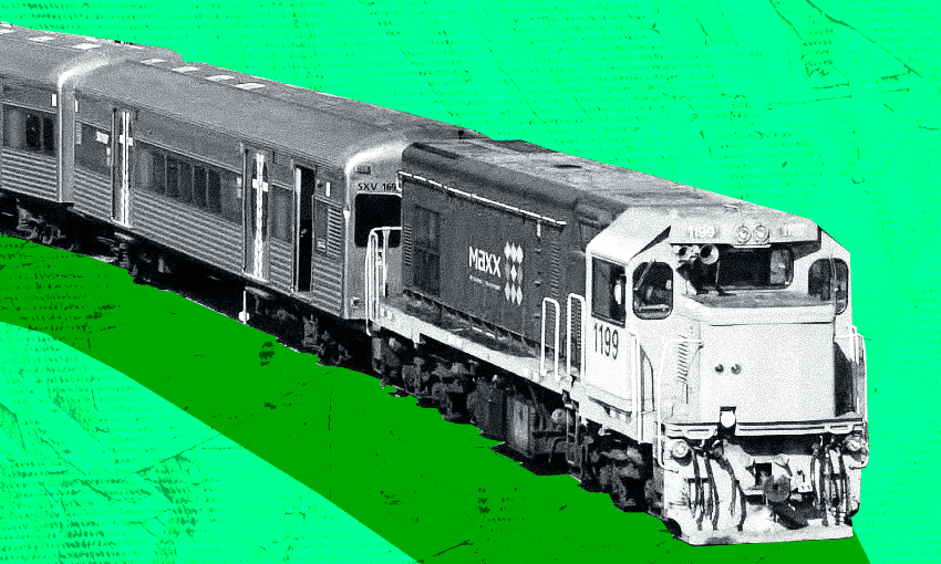 a breen background with a black and white train