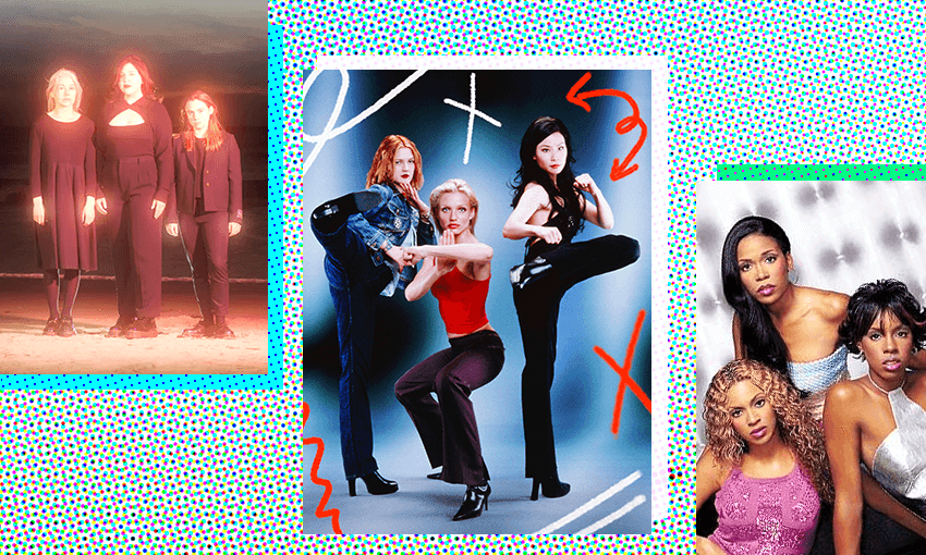 Boygenius, charlie's angels and destiny's child placed over a static green background