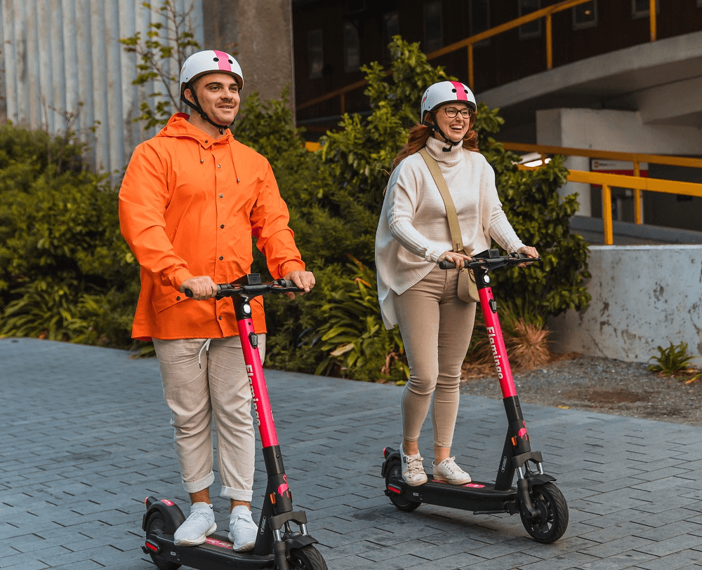 Two young people with beige jeans and white and pink flamingo helmets zip along on pink flamingo scooters with some plants in the background