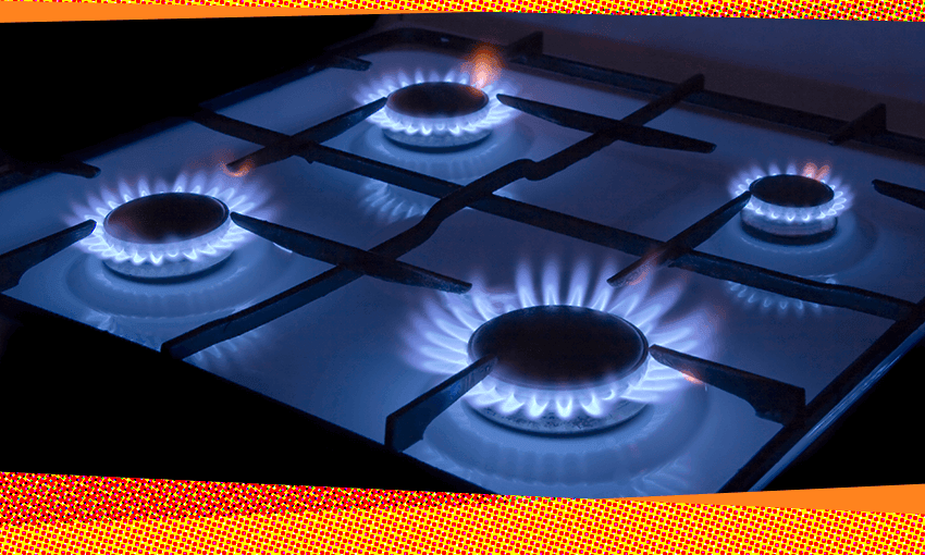 a gas stovetop with all four elements burning