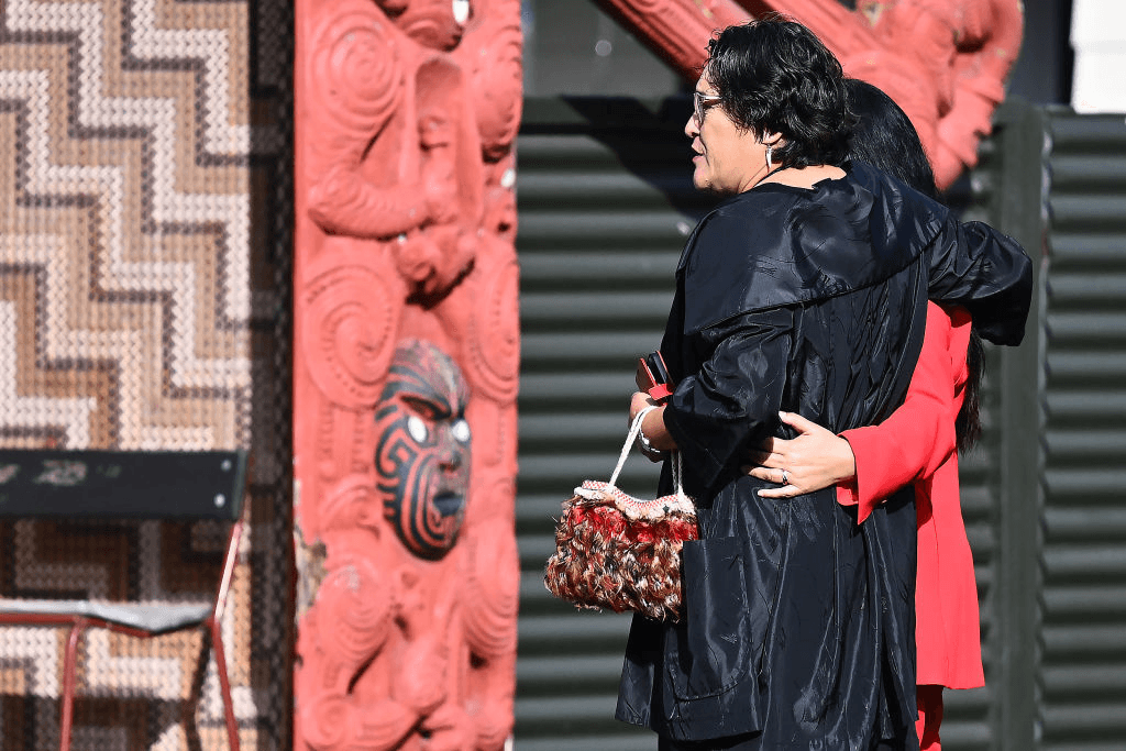 Meka Whaitiri with Maori Party MP Debbie Ngarewa-Packer at Waipatu Marae (Photo by Kerry Marshall/Getty Images) 
