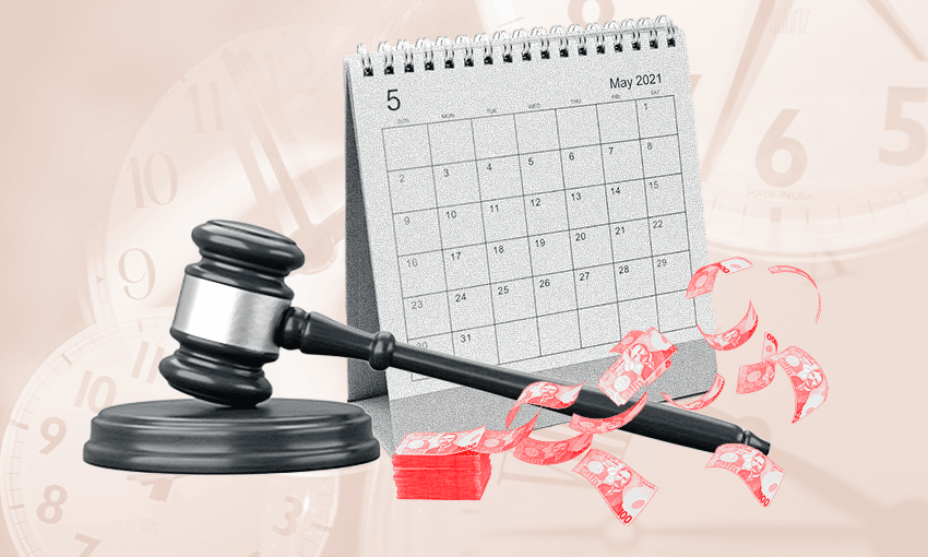 A gavel with a desk calendar and a pile of money notes on a cream background