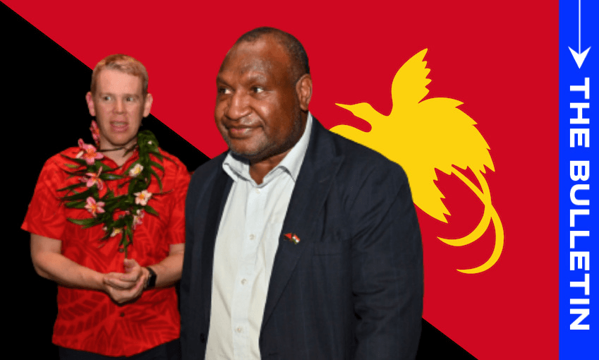 NZ PM Chris Hipkins and PNG PM James Marape in Port Moresby, May 21, 2023. (Original photo: Adek Berry/AFP via Getty Images, additional design by The Spinoff) 
