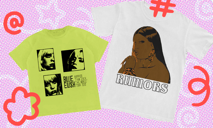 Billie Eilish and Lizzo t-shirts on a pink background