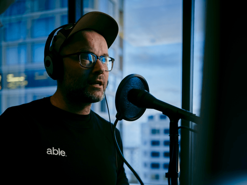 Paul in the studio recording an audio description track