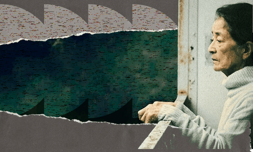 A still from the film Plan 75 showing an elderly woman gazing over a balcony railing