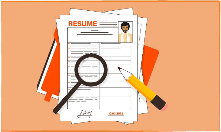 a resume with a pencil siting on top. stock illustration